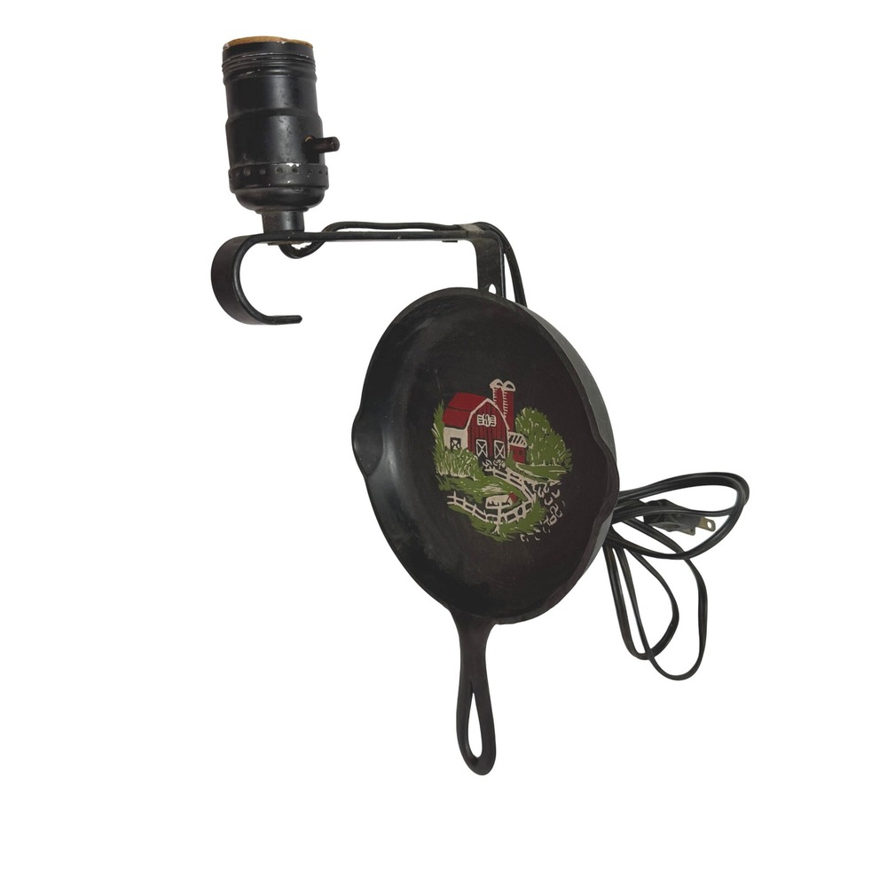 Vintage Mid Century Cast Iron Skillet Plastic Wall Hanging Lamp Farm Barn Decor